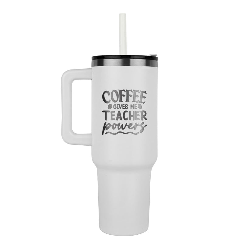 Havijo Coffee Gives Me Powers teacher mug with bold text, ceramic accessory ideal for coffee lovers and educators.