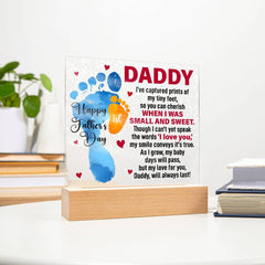 Havijo acrylic square jewelry piece featuring the "When I Was Small and Sweet" design with vibrant colors and bold lettering.