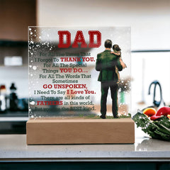 Havijo Thank You Dad acrylic square jewelry piece with engraved message, rectangular shape, and sleek transparent design.