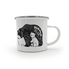 Havijo Mama Bear camping mug jewelry, silver pendant with engraved bear design, displayed on a white background.