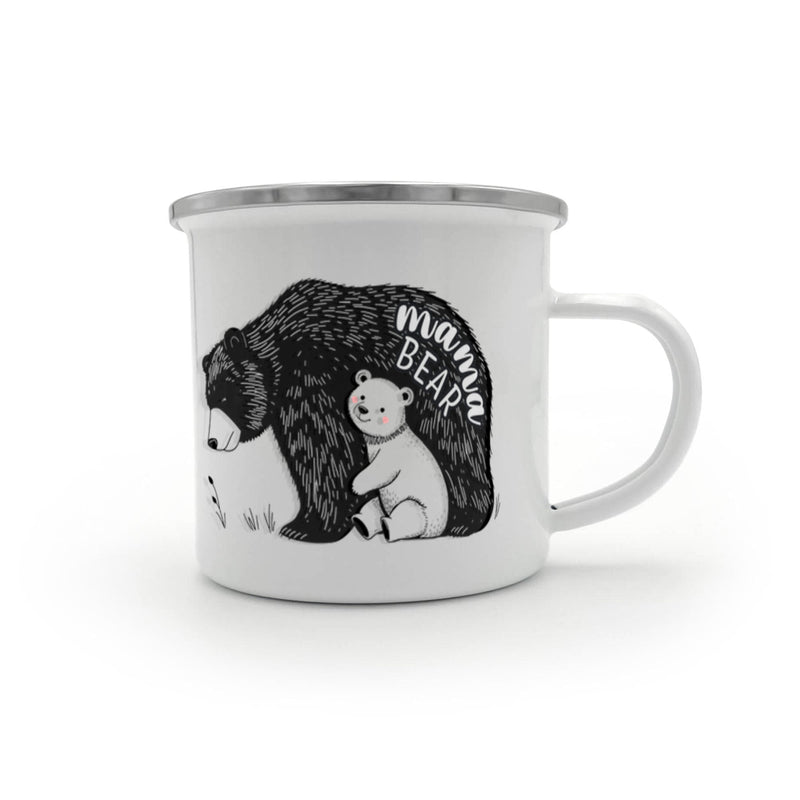 Havijo Mama Bear camping mug jewelry, silver pendant with engraved bear design, displayed on a white background.