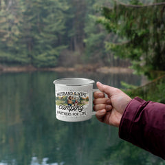 Havijo Camping Partners For Life camping mug jewelry with engraved design, silver-tone metal, and outdoor-themed details.
