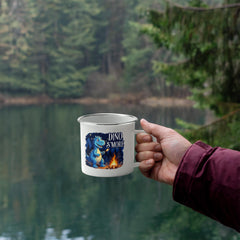 Havijo Dino Smores camping mug with colorful dinosaur design, durable ceramic mug perfect for outdoor camping and coffee.