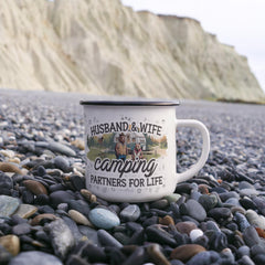 Havijo Camping Partners For Life jewelry mug with engraved camping scene and outdoor-themed design on a metal surface