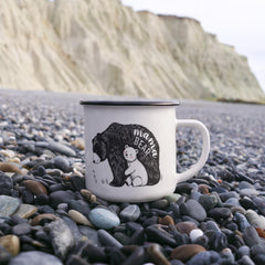 Havijo Mama Bear camping mug jewelry with engraved bear design, featuring a rustic metal finish and detailed craftsmanship.