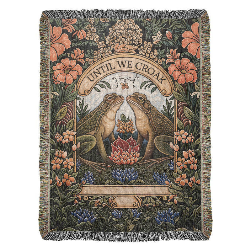 Havijo Til We Croak heirloom blanket with intricate woven pattern, soft textured fabric, in earthy tones.