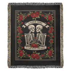 Havijo Til Death Do Us Part heirloom blanket with intricate embroidery and soft fabric, displayed in a cozy setting.