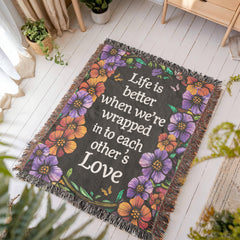 Havijo "Life is Better With You" heirloom blanket with floral embroidery, soft fabric, and detailed stitching.
