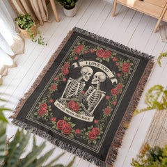 Havijo Til Death Do Us Part heirloom blanket with intricate embroidered design and soft fabric, displayed on a bed.