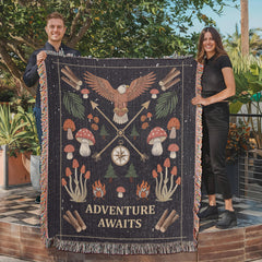 Havijo Adventure Awaits woven blanket with intricate patterns, soft textile, perfect for cozying up on a sofa or bed.