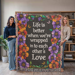 Havijo heirloom blanket with embroidered "Life is Better With You" text, soft fabric, and cozy, decorative design.